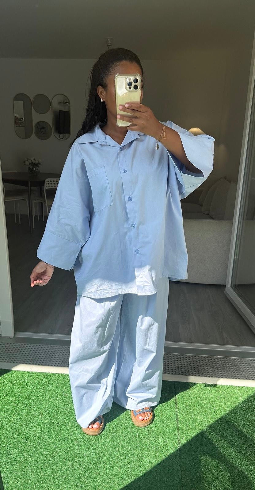 Ensemble chemise et palazo bleu ciel