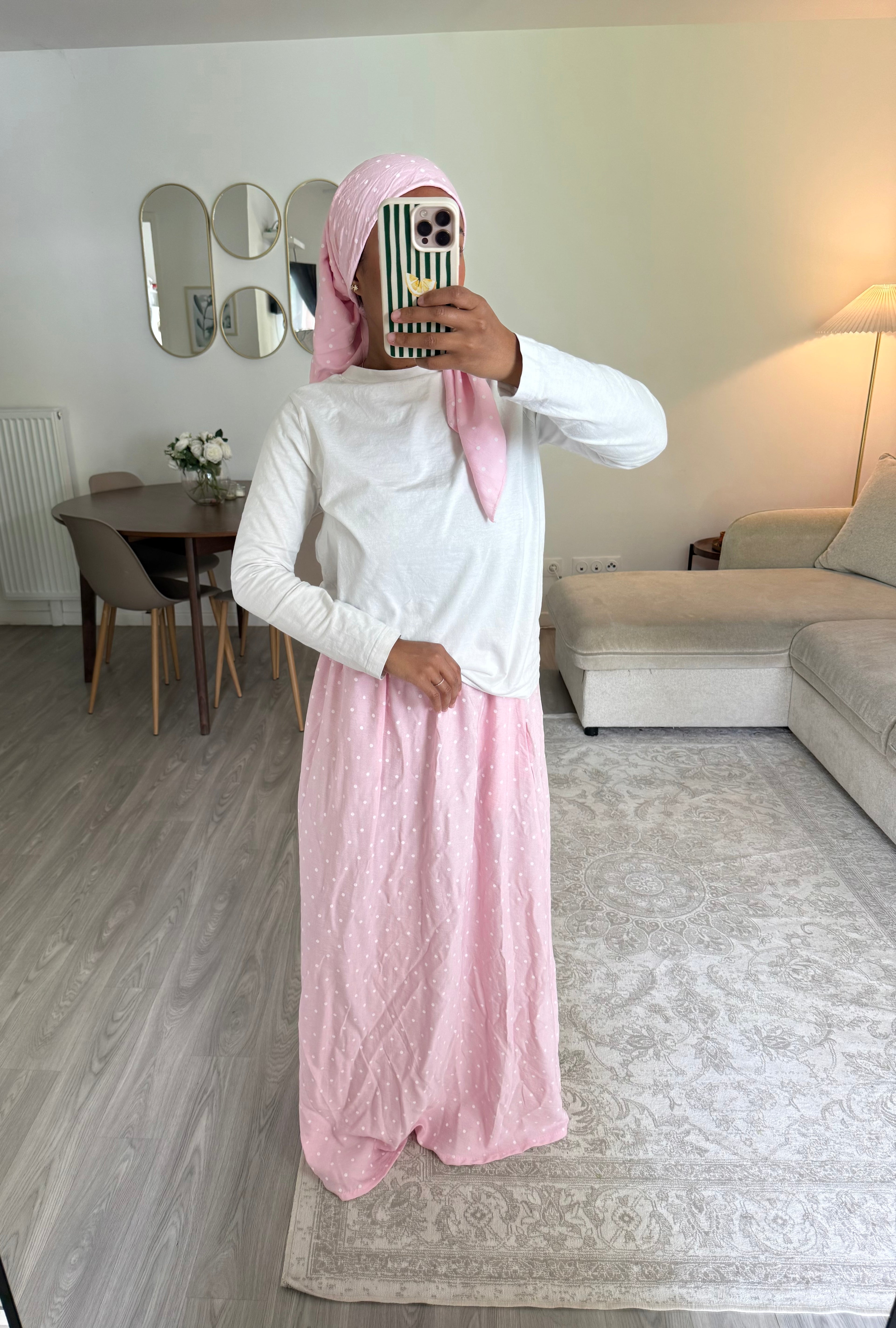 Jupe + foulard à pois rose